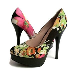 Floral High Heels Pumps Black Pink Green New